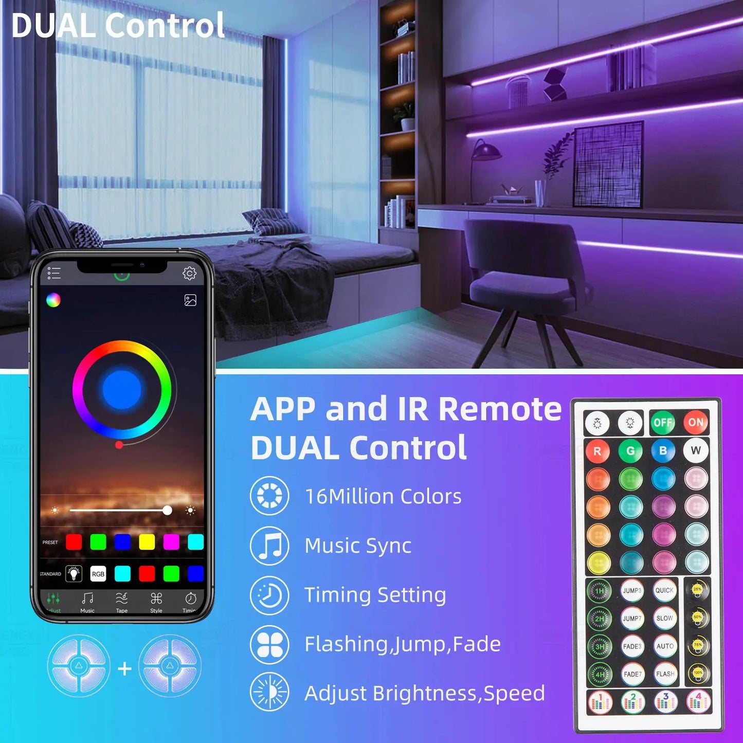 200FT RGB LED Strip Lights with Music Sync | Smart App + Remote Control | Bedroom & Home Decor Lighting