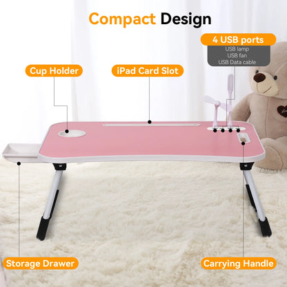 WGCTEK Portable Foldable Laptop Bed Desk with USB Ports, Storage Drawer, and Cup Holder for Ergonomic Use on Bed or Couch