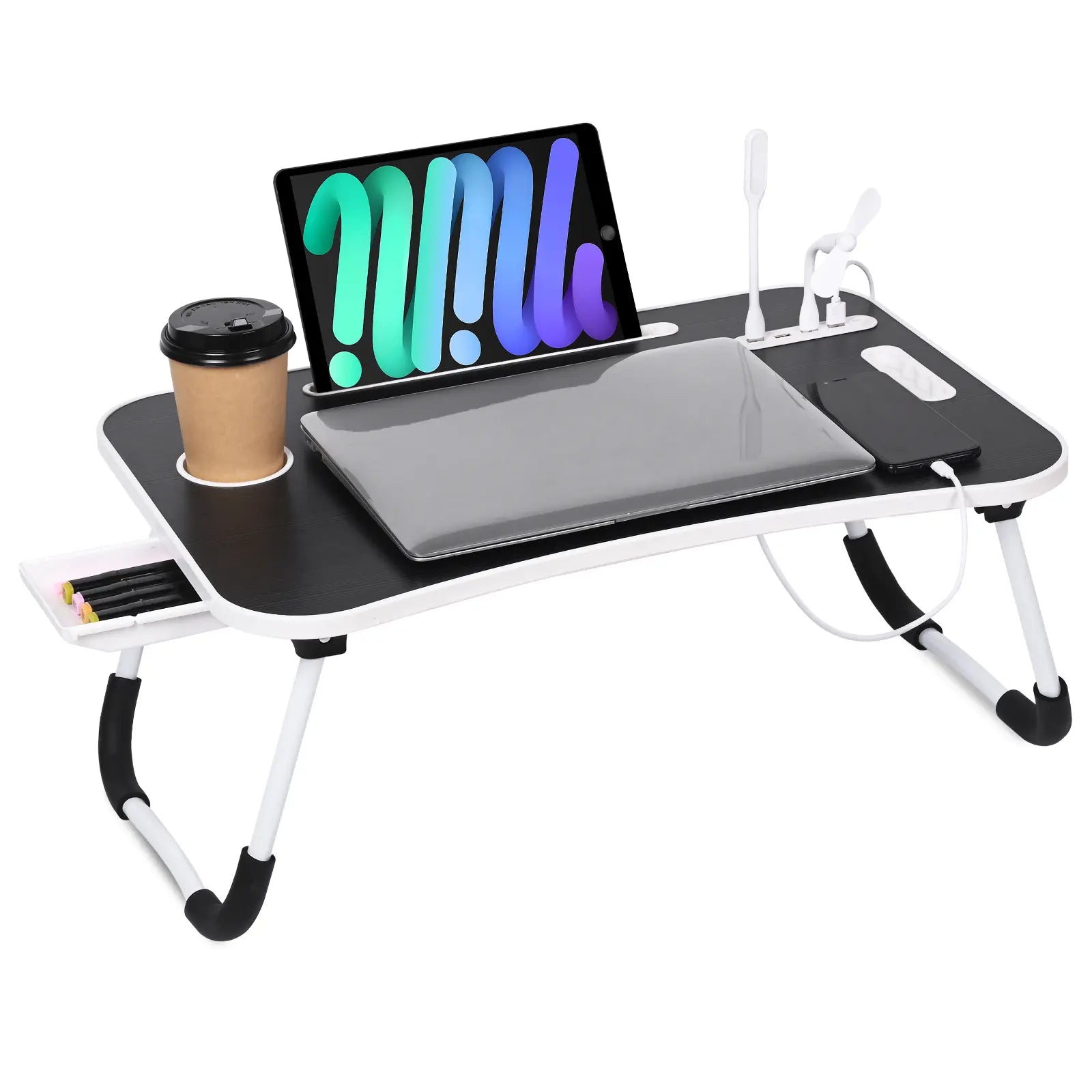 WGCTEK Portable Foldable Laptop Bed Desk with USB Ports, Storage Drawer, and Cup Holder for Ergonomic Use on Bed or Couch