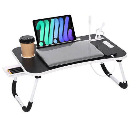 WGCTEK Portable Foldable Laptop Bed Desk with USB Ports, Storage Drawer, and Cup Holder for Ergonomic Use on Bed or Couch