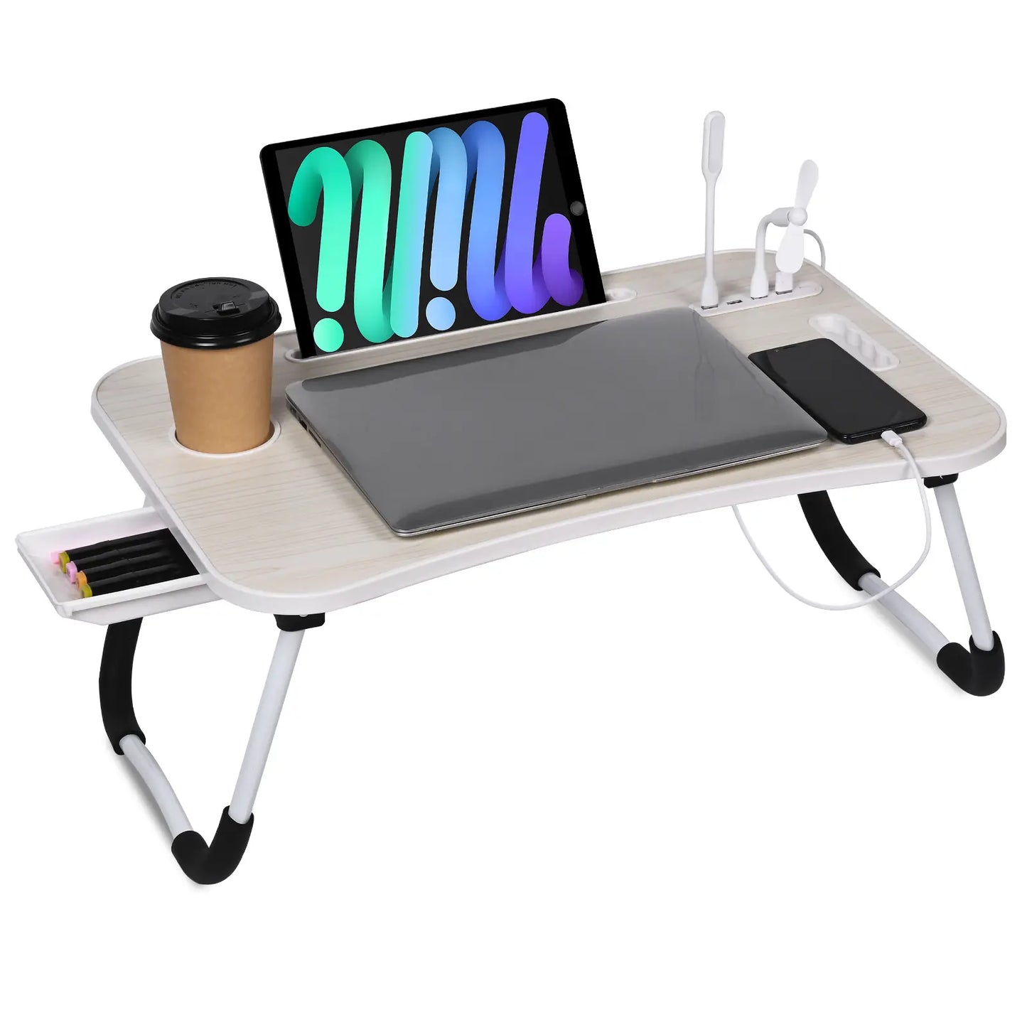 WGCTEK Portable Foldable Laptop Bed Desk with USB Ports, Storage Drawer, and Cup Holder for Ergonomic Use on Bed or Couch