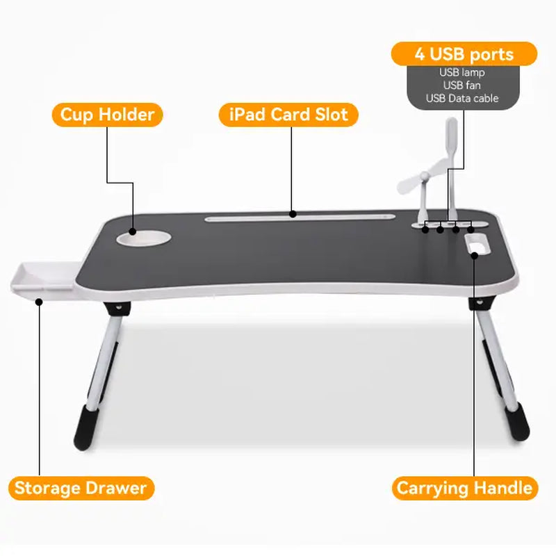 WGCTEK Portable Foldable Laptop Bed Desk with USB Ports, Storage Drawer, and Cup Holder for Ergonomic Use on Bed or Couch