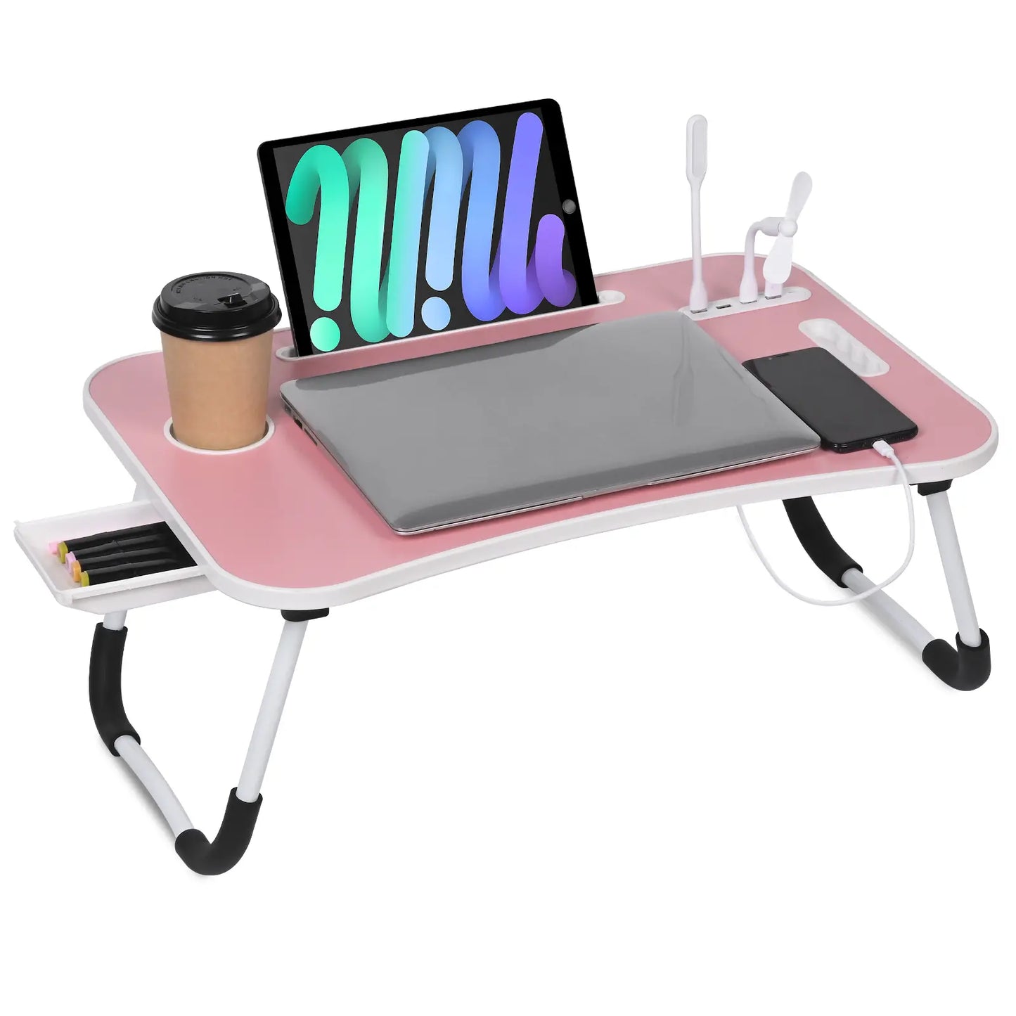 WGCTEK Portable Foldable Laptop Bed Desk with USB Ports, Storage Drawer, and Cup Holder for Ergonomic Use on Bed or Couch