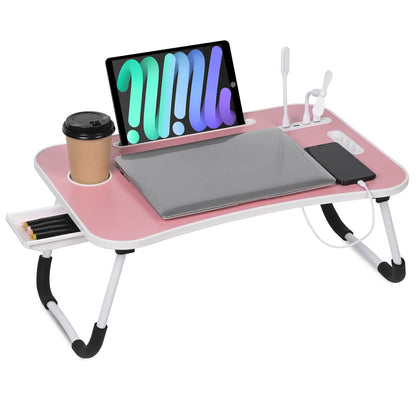 WGCTEK Portable Foldable Laptop Bed Desk with USB Ports, Storage Drawer, and Cup Holder for Ergonomic Use on Bed or Couch