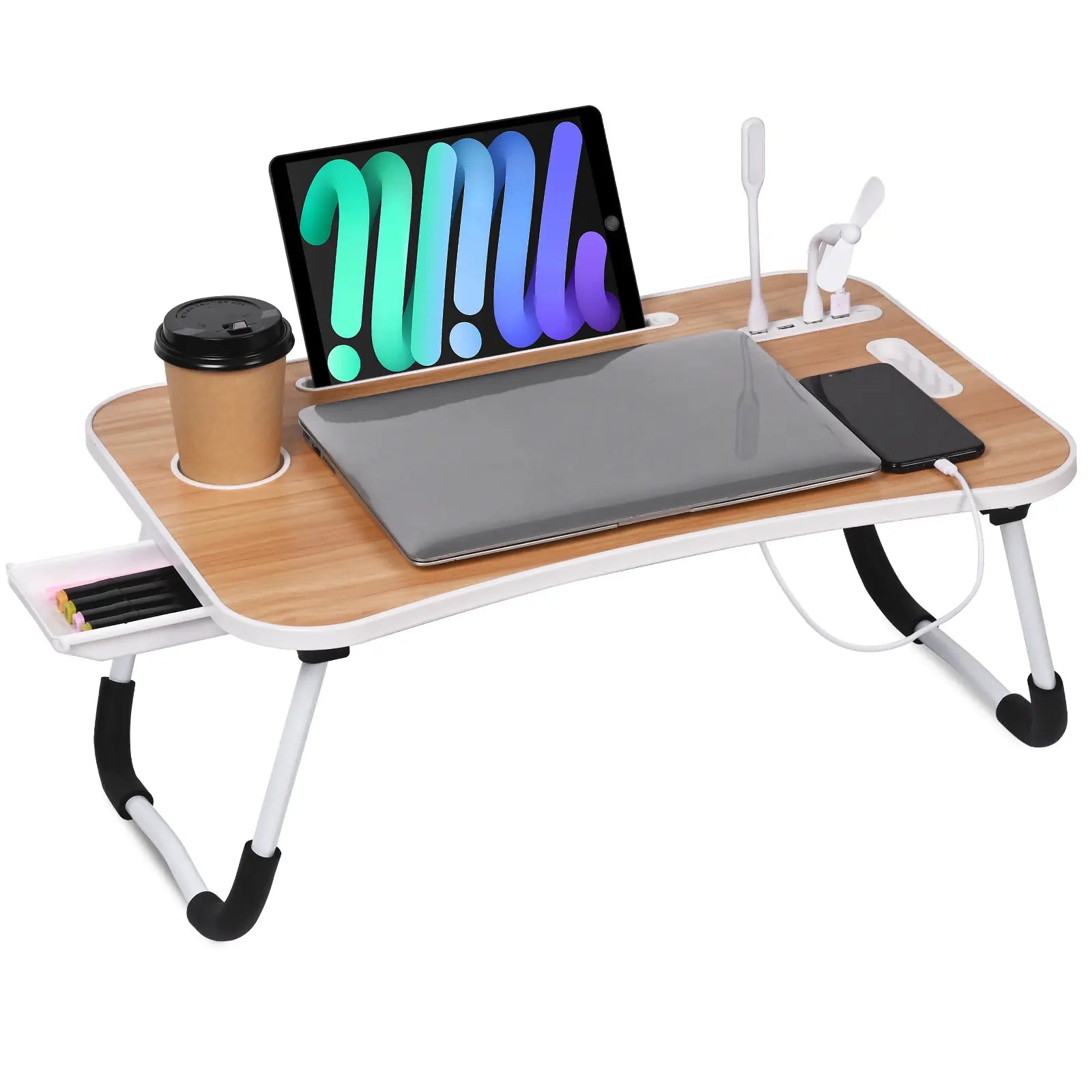 WGCTEK Portable Foldable Laptop Bed Desk with USB Ports, Storage Drawer, and Cup Holder for Ergonomic Use on Bed or Couch