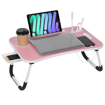 WGCTEK Portable Foldable Laptop Bed Desk with USB Ports, Storage Drawer, and Cup Holder for Ergonomic Use on Bed or Couch
